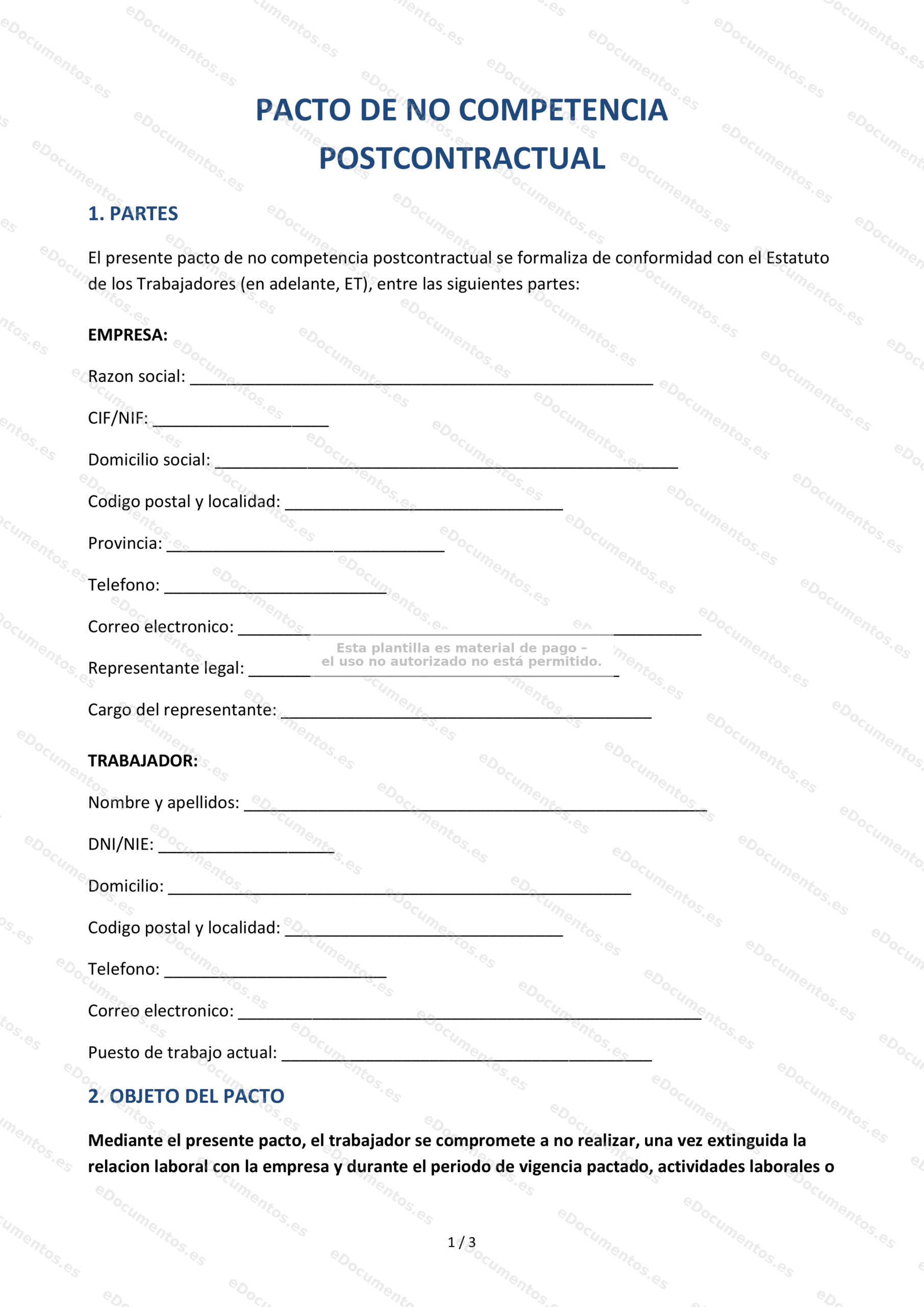Pacto de no competencia postcontractual — Modelo editable
