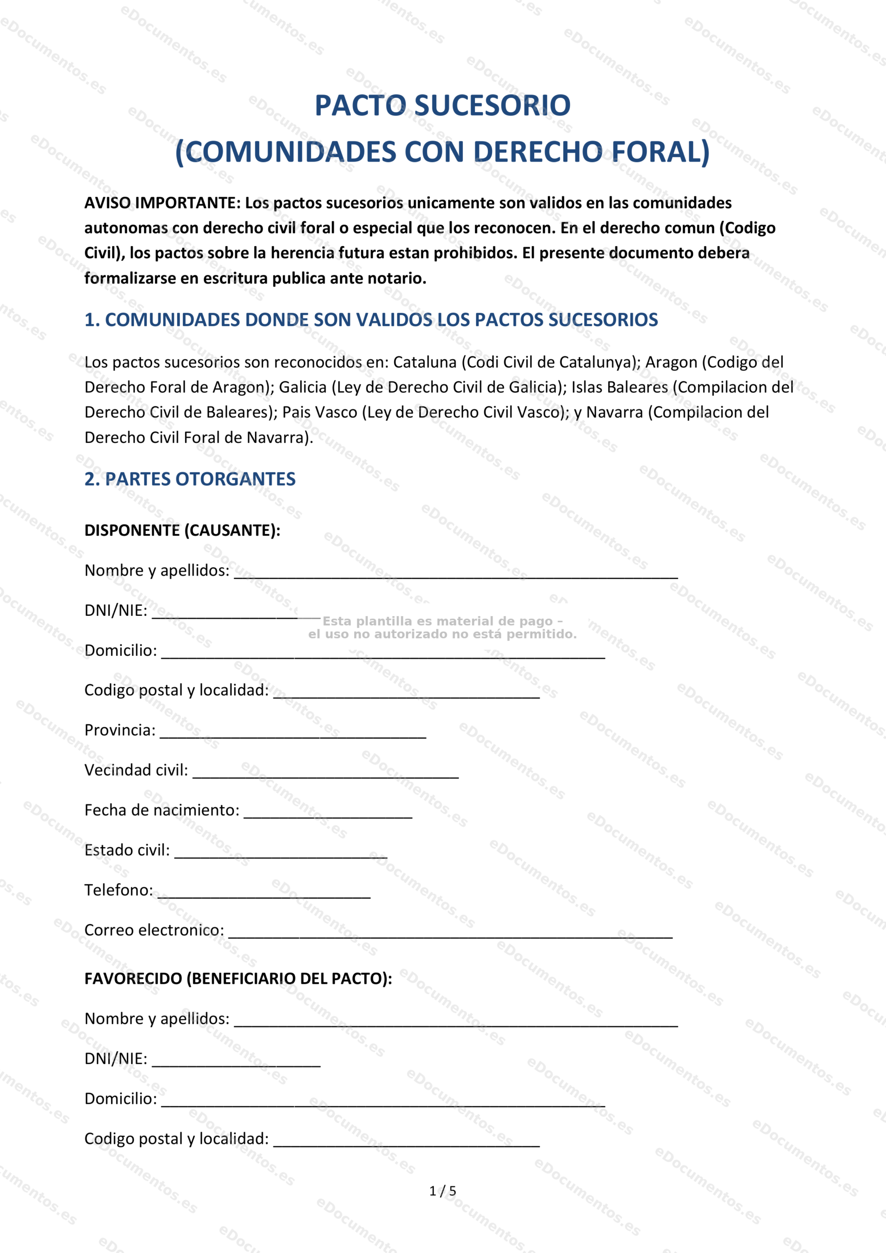 Pacto sucesorio — Modelo para derecho foral
