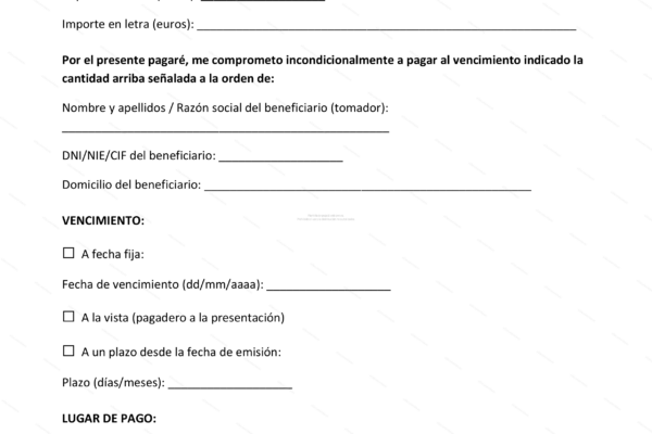 Página 1 de un pagaré, documento financiero a escala.