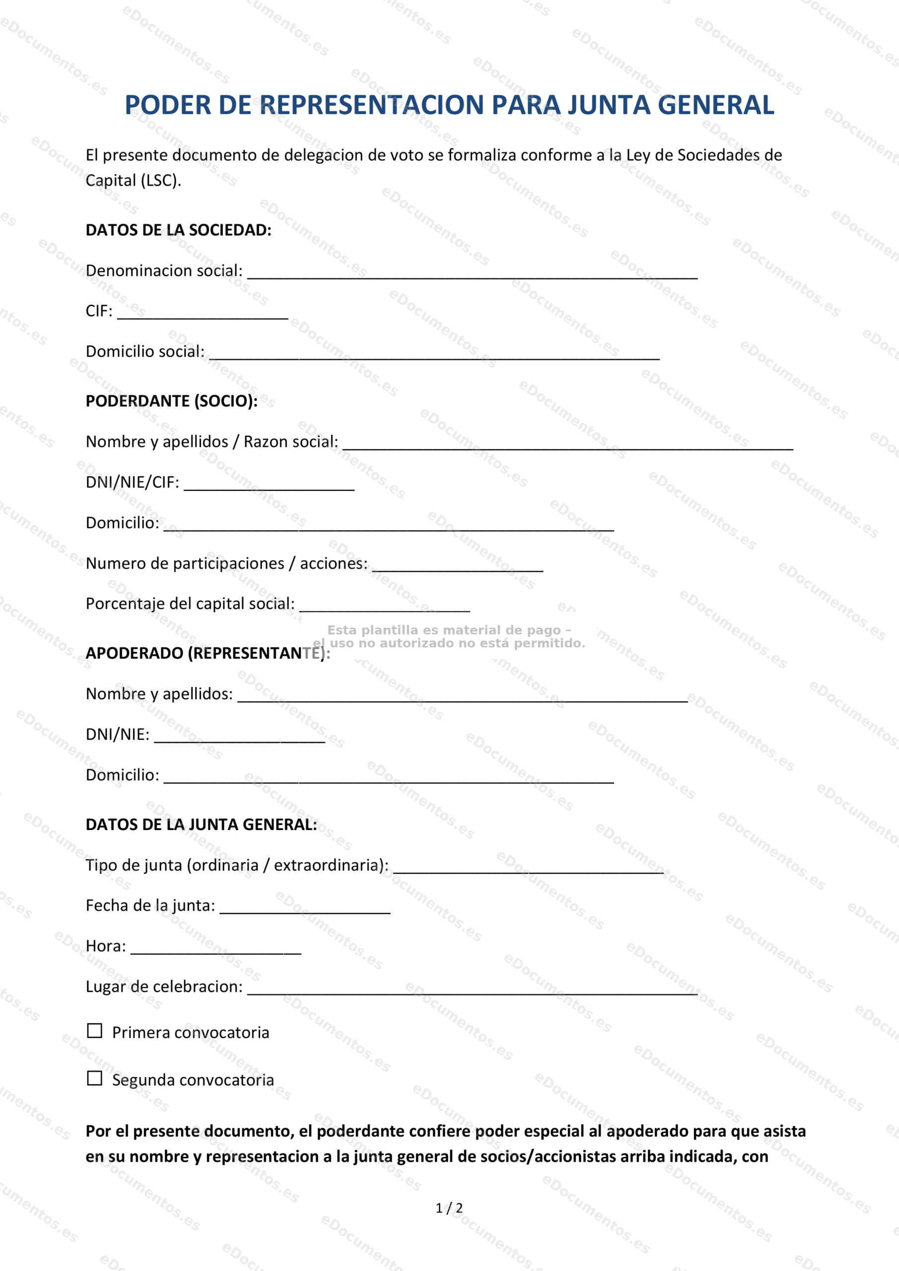 Poder de representación para junta general — Formulario editable