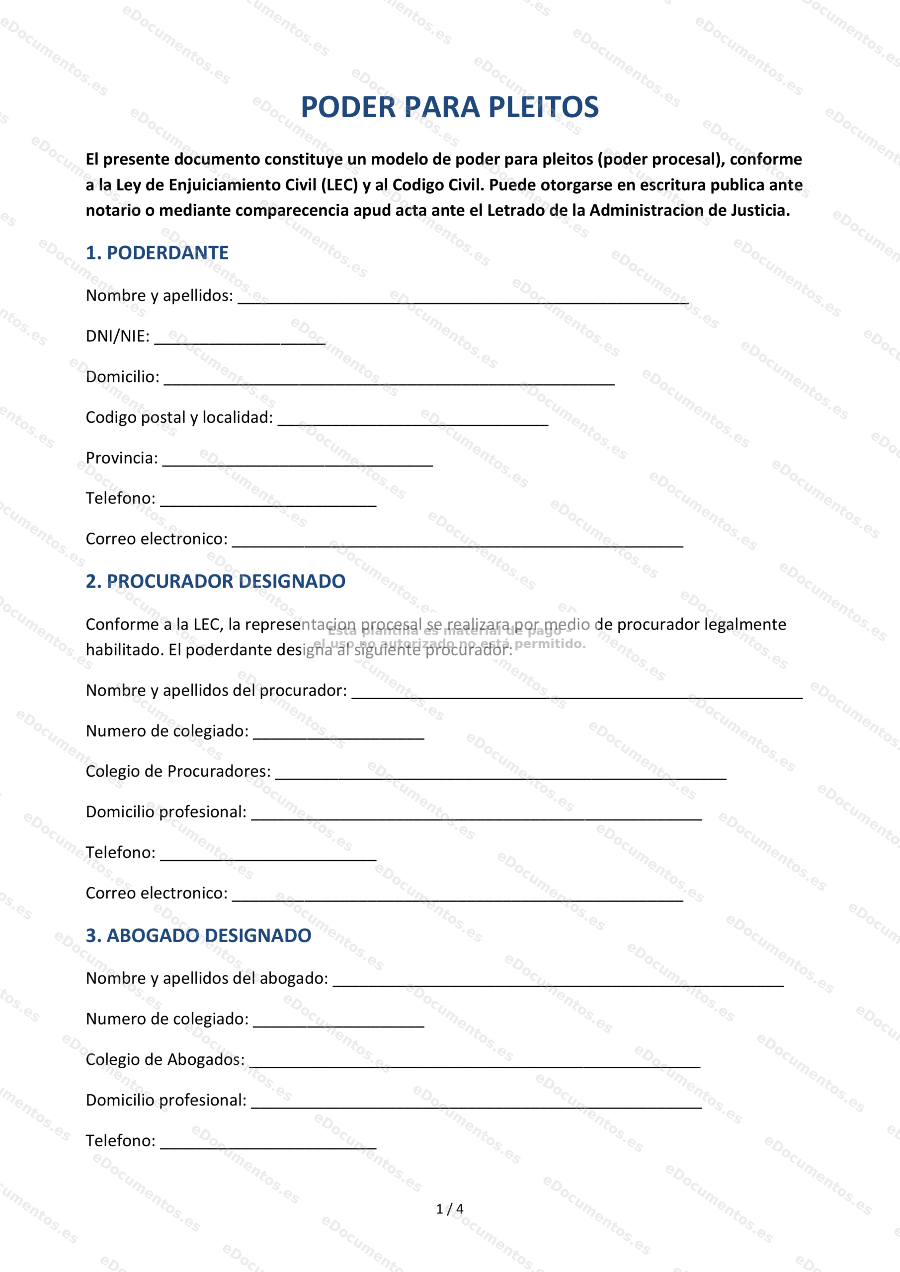 Poder para pleitos — Formulario descargable