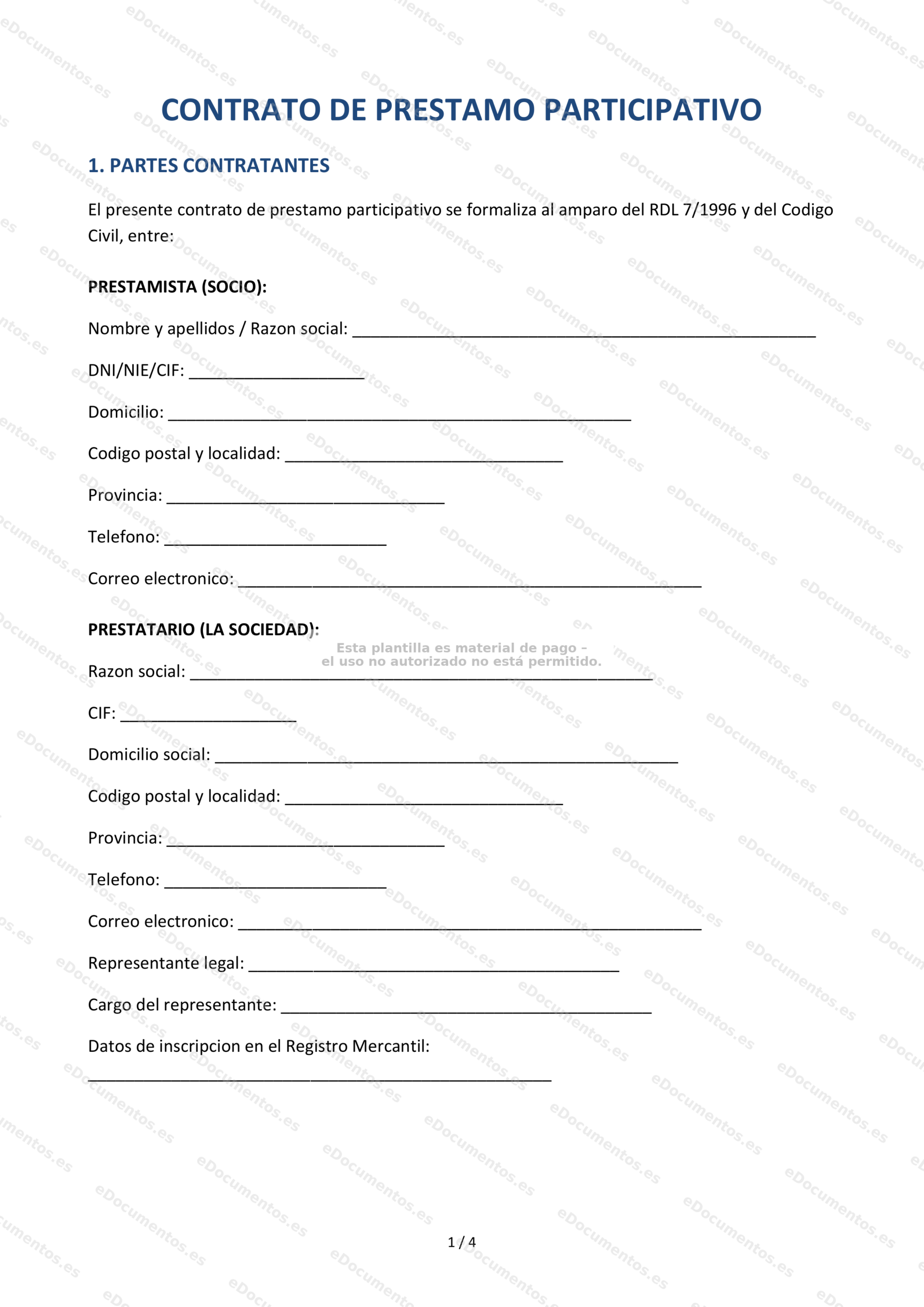 Contrato de préstamo participativo — Modelo descargable