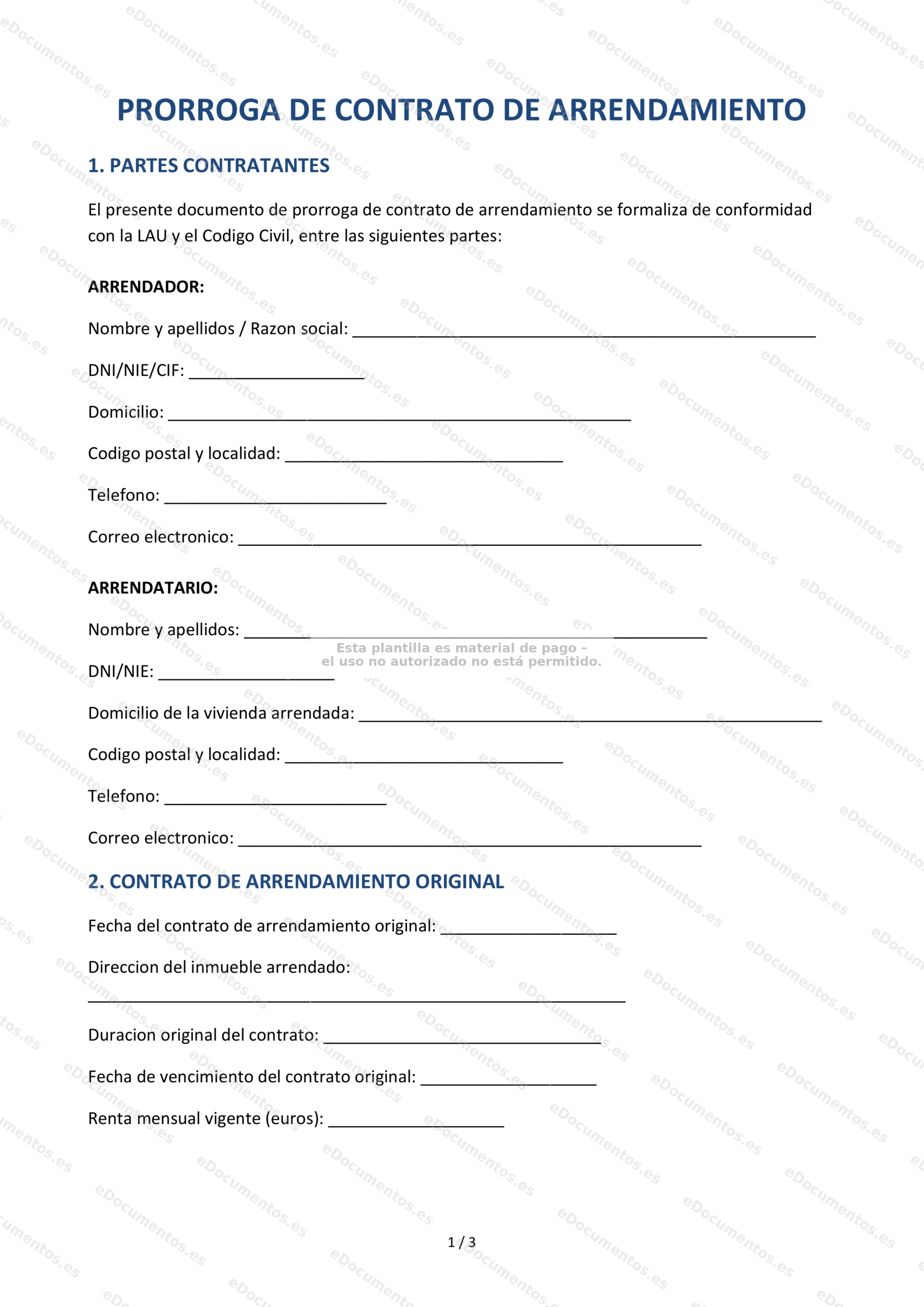 Prórroga de contrato de alquiler — Formulario editable