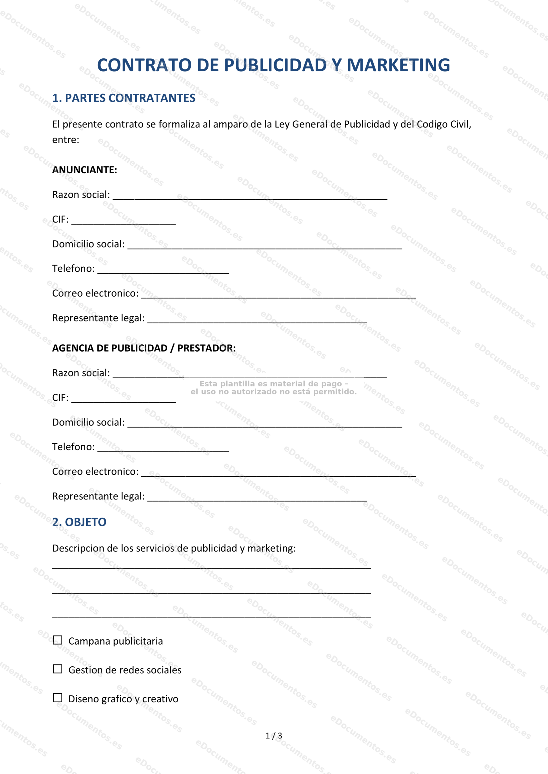 Contrato de publicidad y marketing — Modelo editable