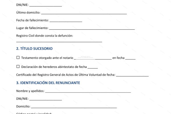 Página 1 de un documento legal sobre la renuncia de herencia, con texto legible.