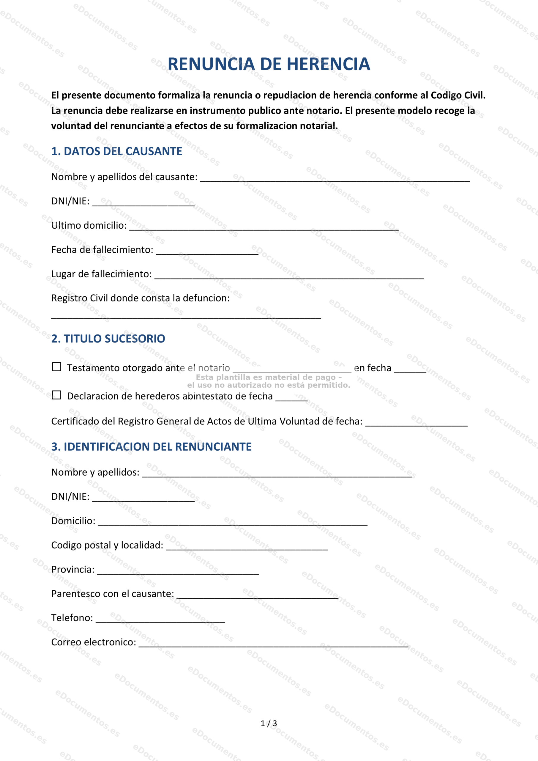 Renuncia de herencia — Formulario descargable