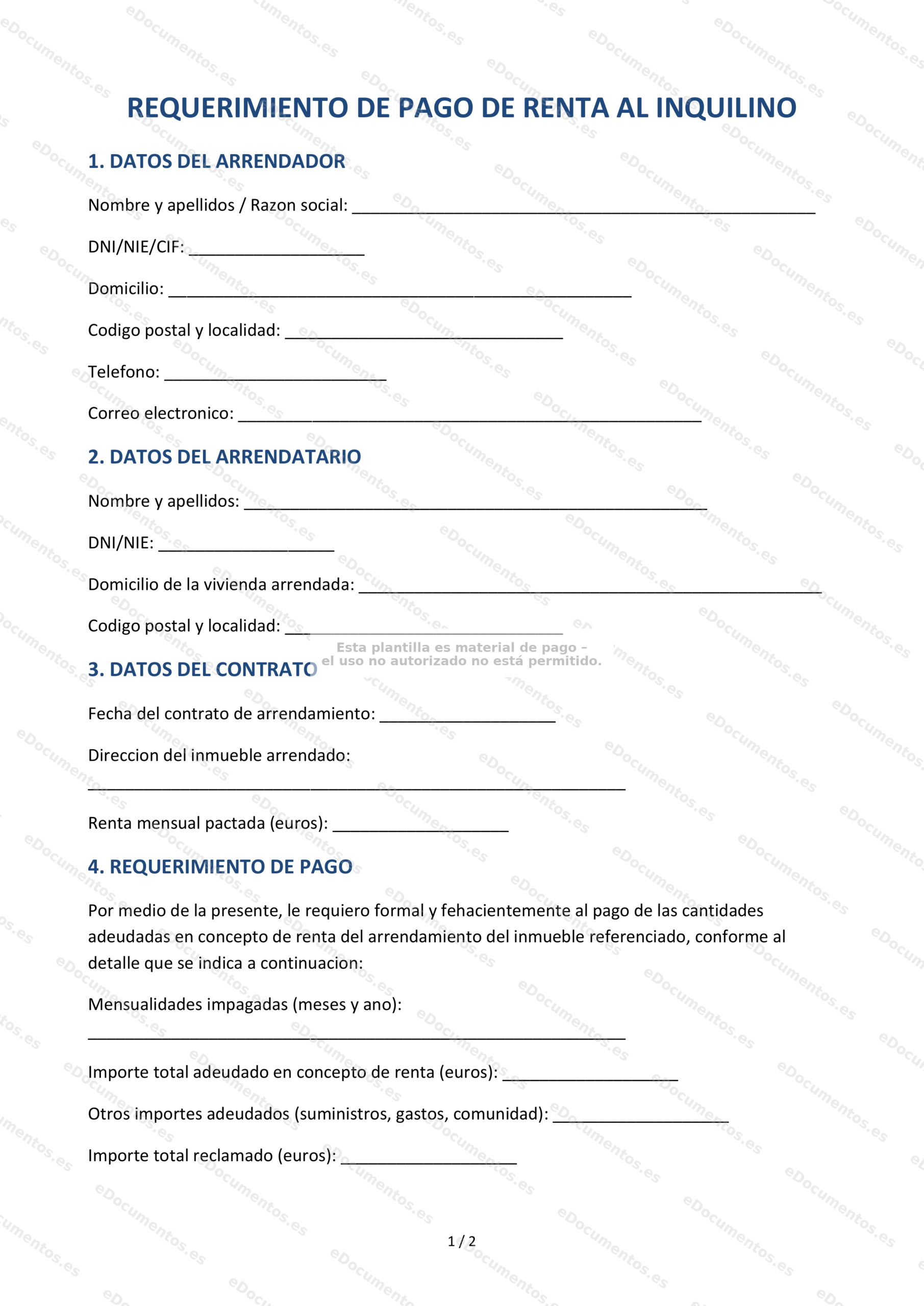 Requerimiento de pago de renta al inquilino — Formulario editable