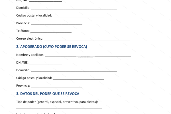 Página 1 de una revocación de poder notarial, documento legal con encabezados y firmas.