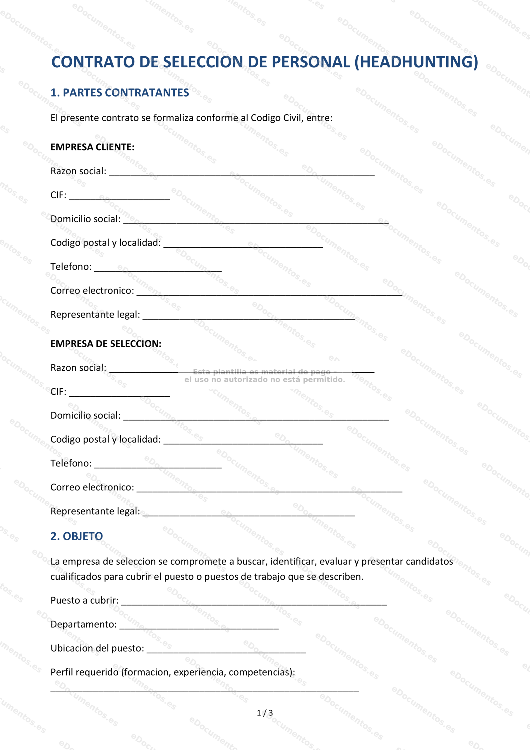 Contrato de selección de personal (headhunting) — Modelo editable