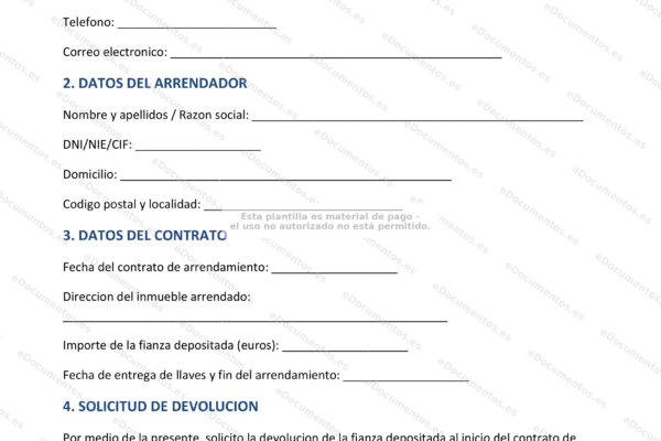 Página 1 de un formulario de solicitud de devolución de fianza.