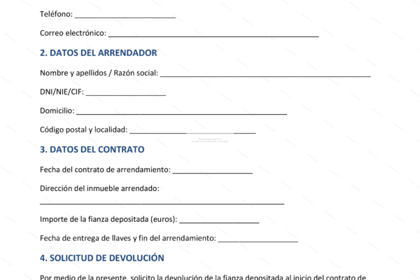 Página 1 de un formulario de solicitud de devolución de fianza.