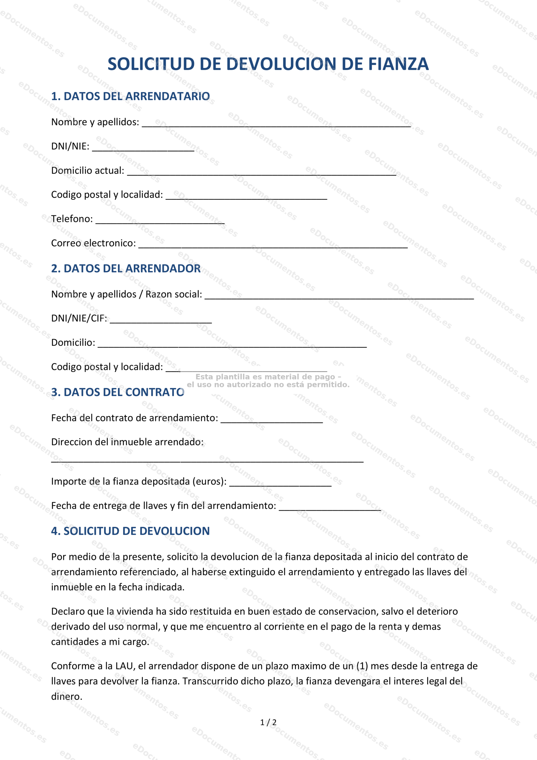 Solicitud de devolución de fianza — Formulario editable