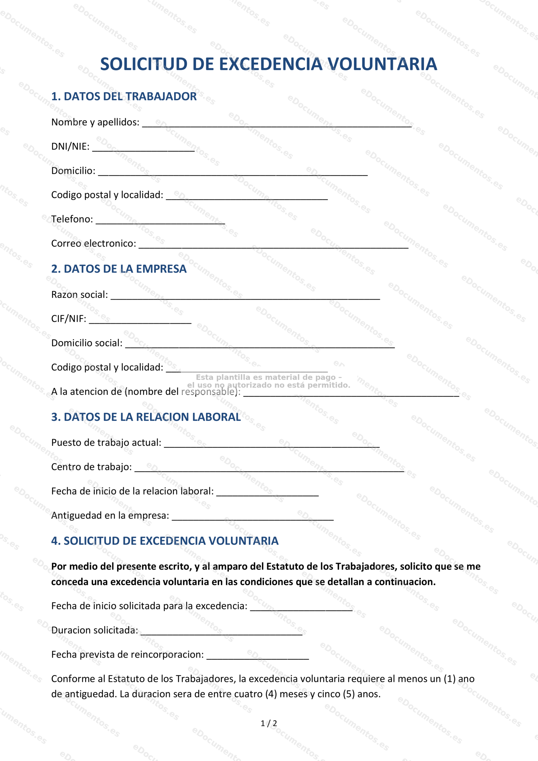 Solicitud de excedencia voluntaria — Formulario editable