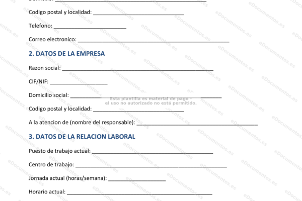 Formulario de solicitud de reducción de jornada laboral, página 1.