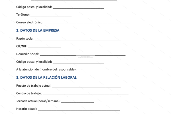 Formulario de solicitud de reducción de jornada laboral, página 1.