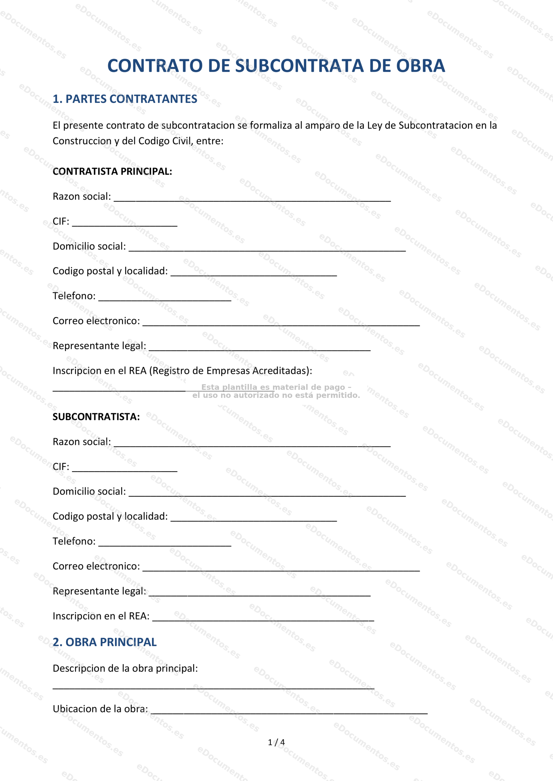 Contrato de subcontrata de obra — Modelo editable