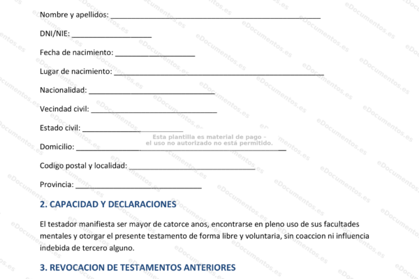 Primera página de un documento legal sobre testamento, legado y usufructo.