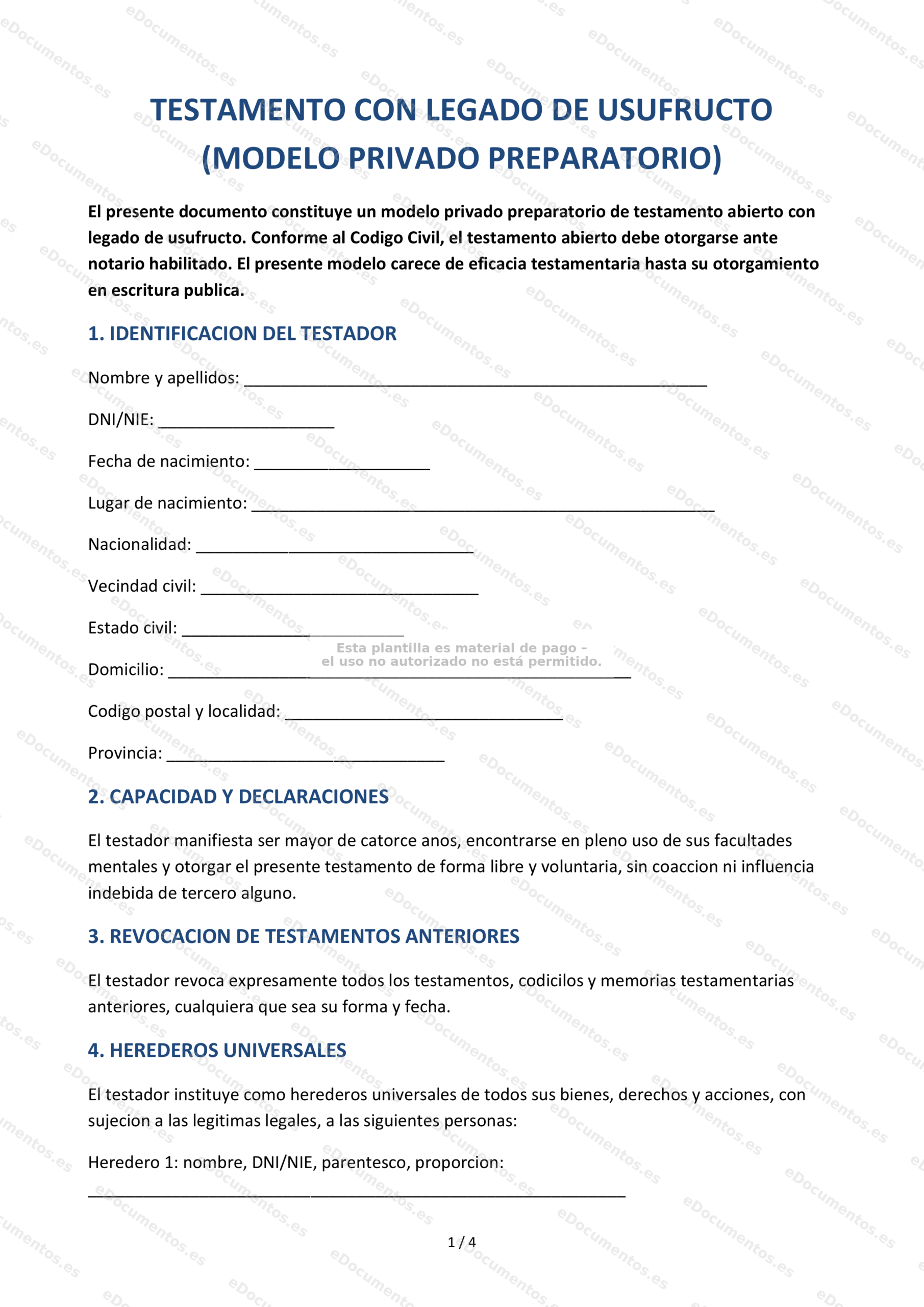 Testamento con legado de usufructo — Modelo editable