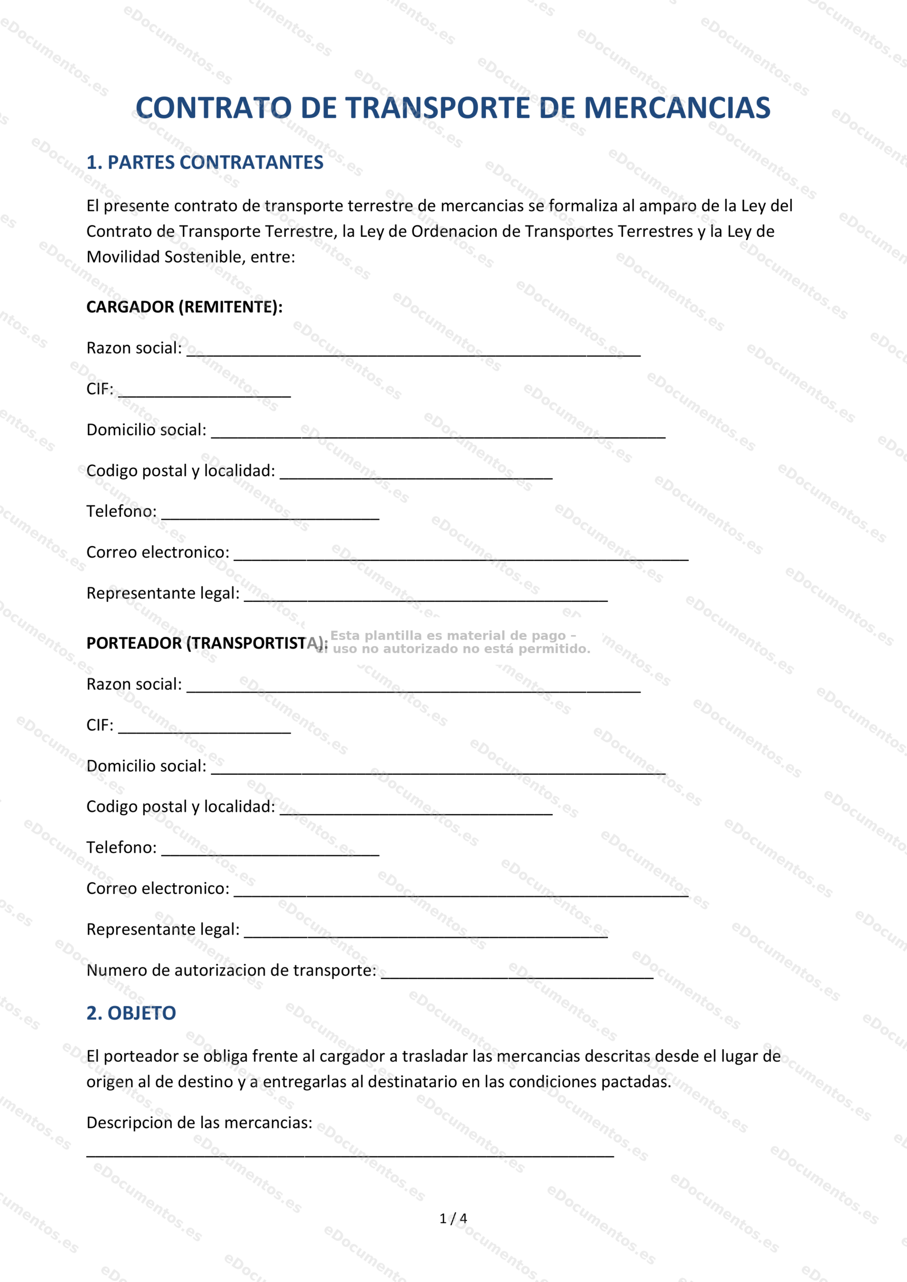 Contrato de transporte de mercancías — Modelo editable