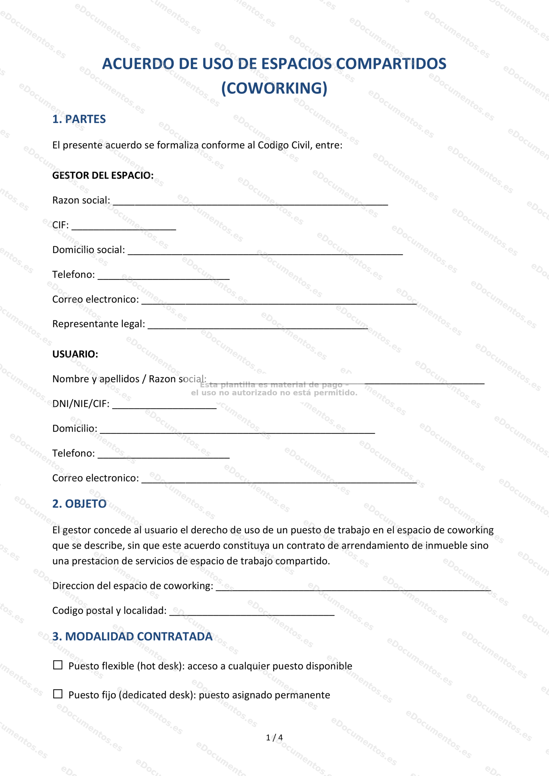 Acuerdo de uso de espacio de coworking — Modelo editable
