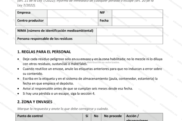 Página 1 de una instrucción de residuos peligrosos, con las reglas del personal.