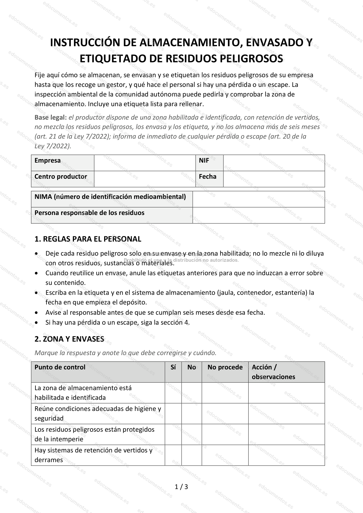 Instrucción de almacenamiento, envasado y etiquetado de residuos peligrosos — Plantilla Word y PDF