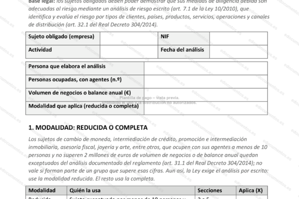 Página 1 del análisis de riesgo de blanqueo, con los datos del sujeto obligado.