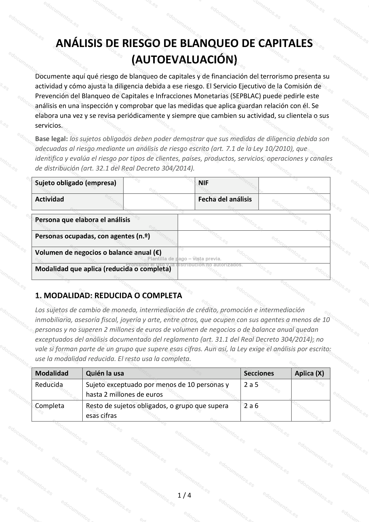 Análisis de riesgo de blanqueo (autoevaluación) — Plantilla Word y PDF