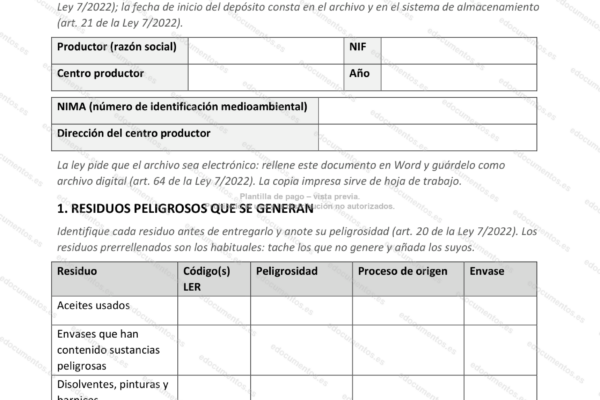 Página 1 del archivo cronológico de residuos peligrosos, con la tabla de residuos.