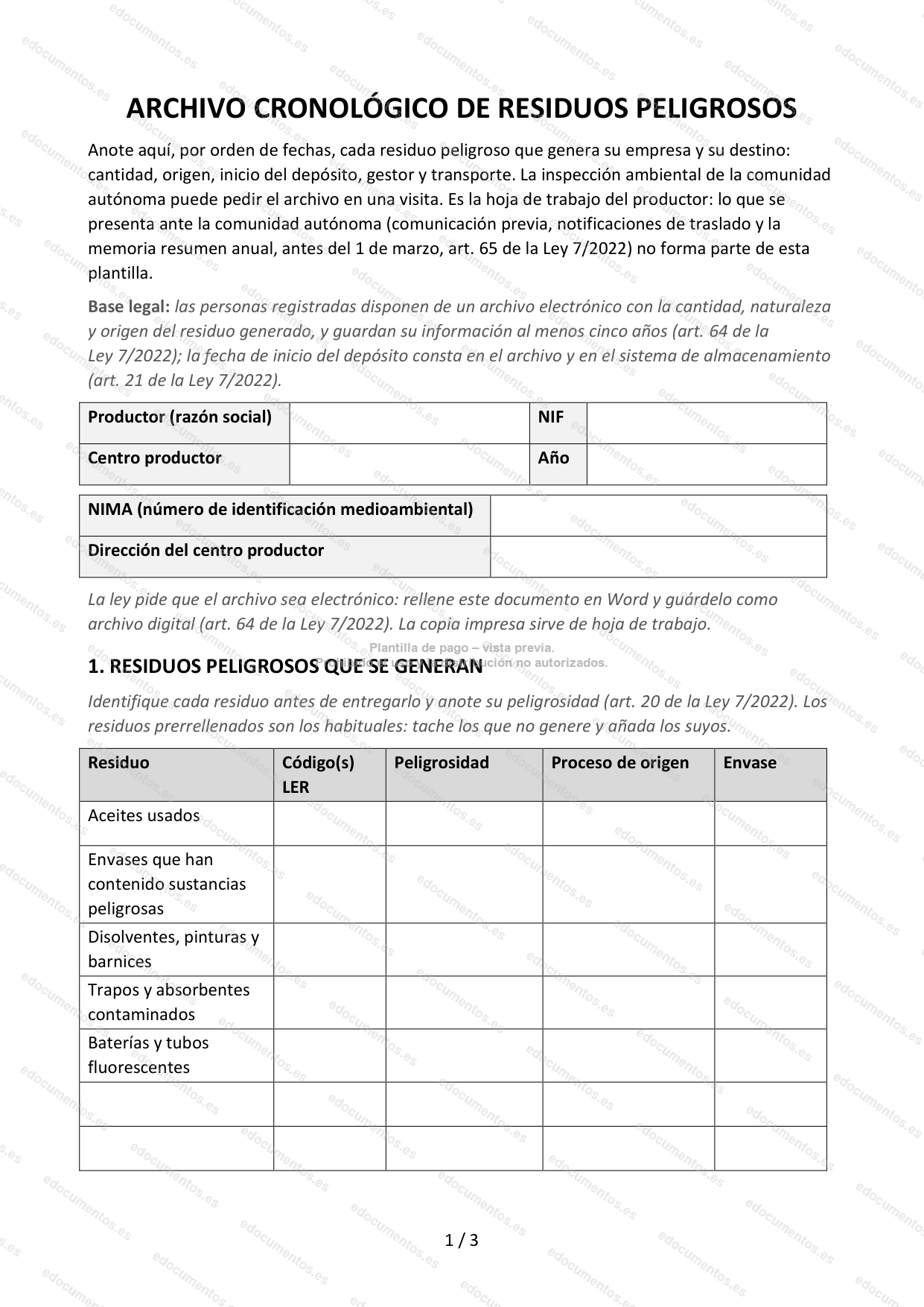 Archivo cronológico de residuos (productor de residuos peligrosos) — Plantilla Word y PDF