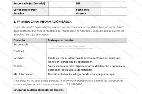 Página 1 del modelo de cláusulas por capas, con la tabla de primera capa.