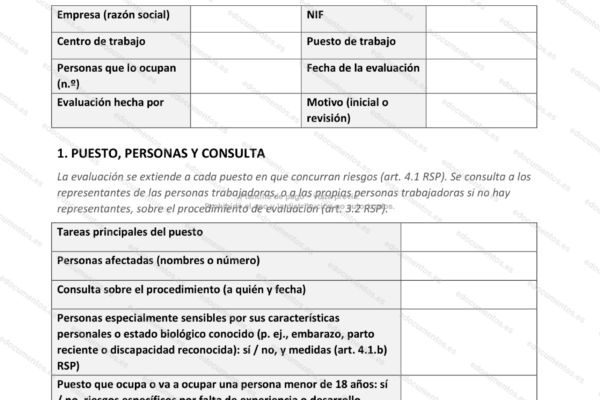 Página 1 de la evaluación de riesgos del puesto, con los datos de la empresa.