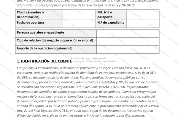 Página 1 del expediente de identificación de cliente, con los campos del cliente.