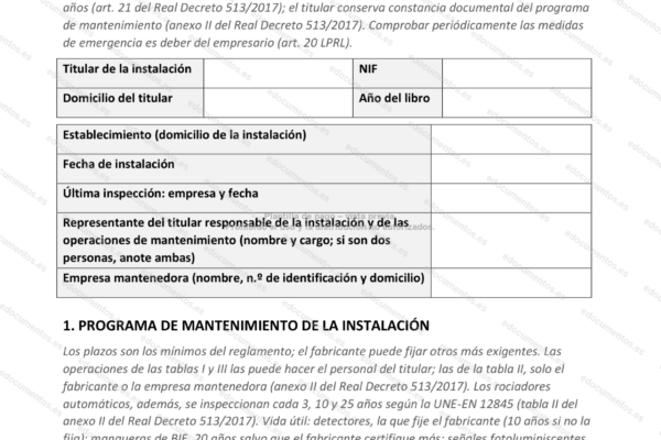 Página 1 del libro de registro contra incendios, con los extintores y BIE.