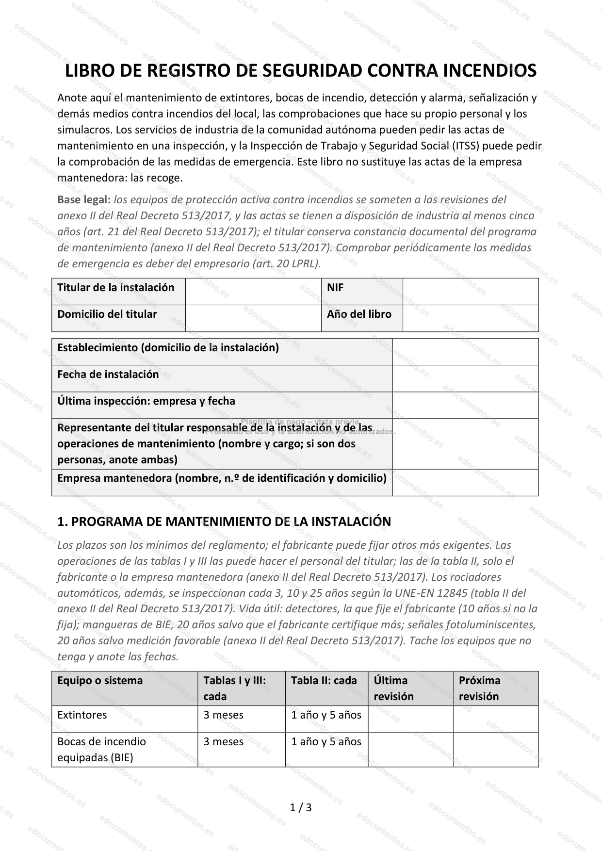 Libro de registro de seguridad contra incendios (mantenimiento PCI, revisiones propias, simulacros) — Plantilla Word y PDF