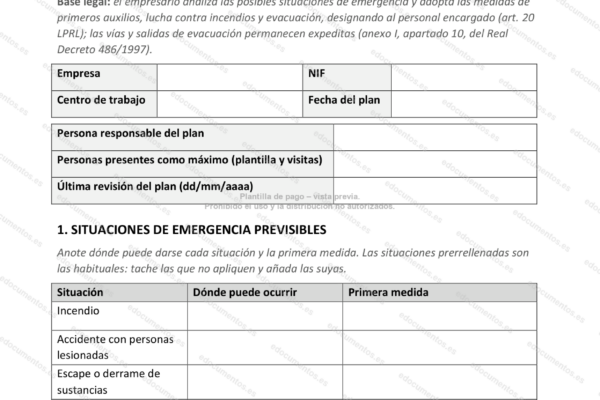 Página 1 del plan de emergencia y evacuación, con las emergencias previsibles.