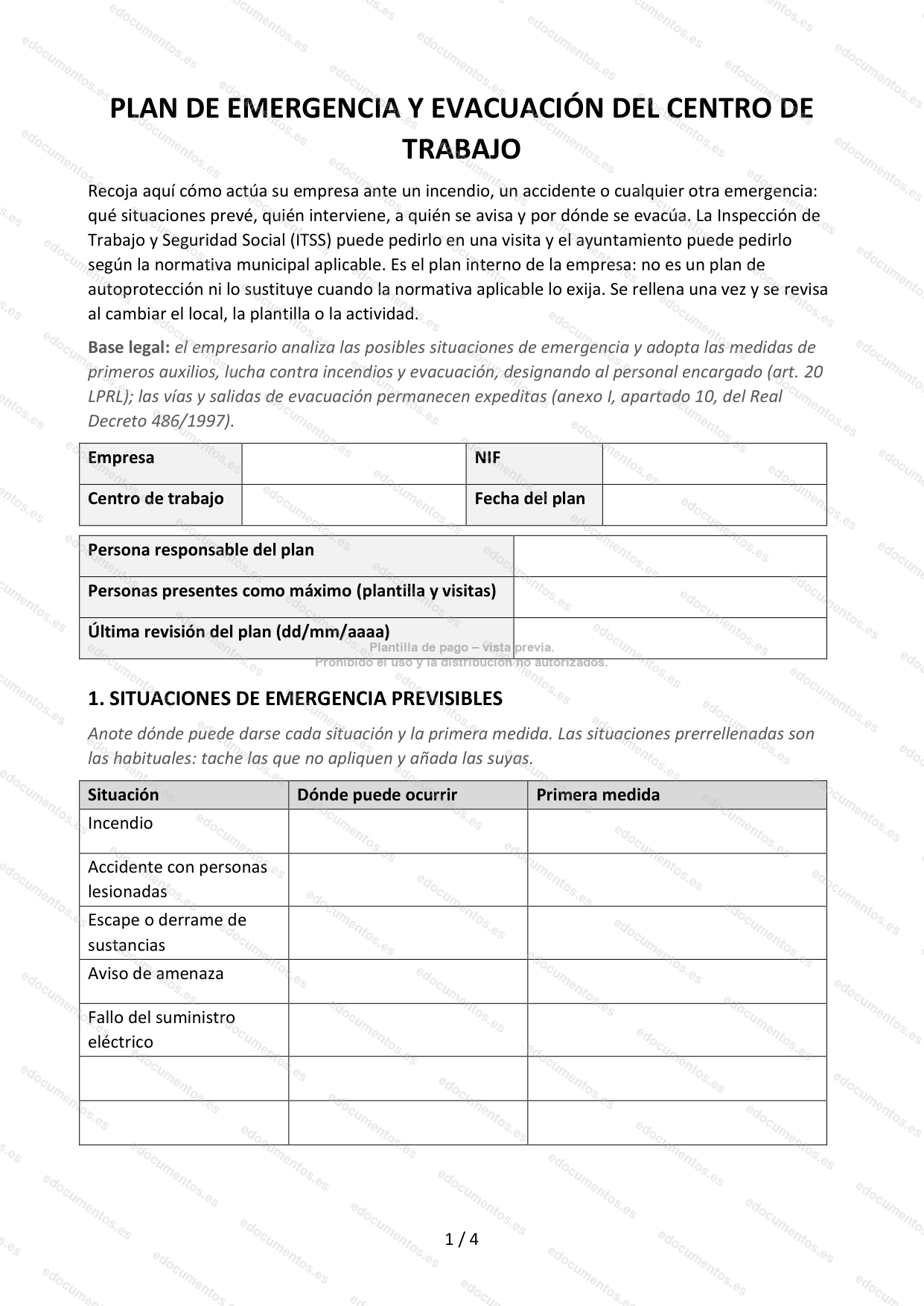 Plan de emergencia y evacuación del centro de trabajo — Plantilla Word y PDF