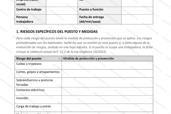 Página 1 de la información de riesgos del puesto, con la tabla de medidas.