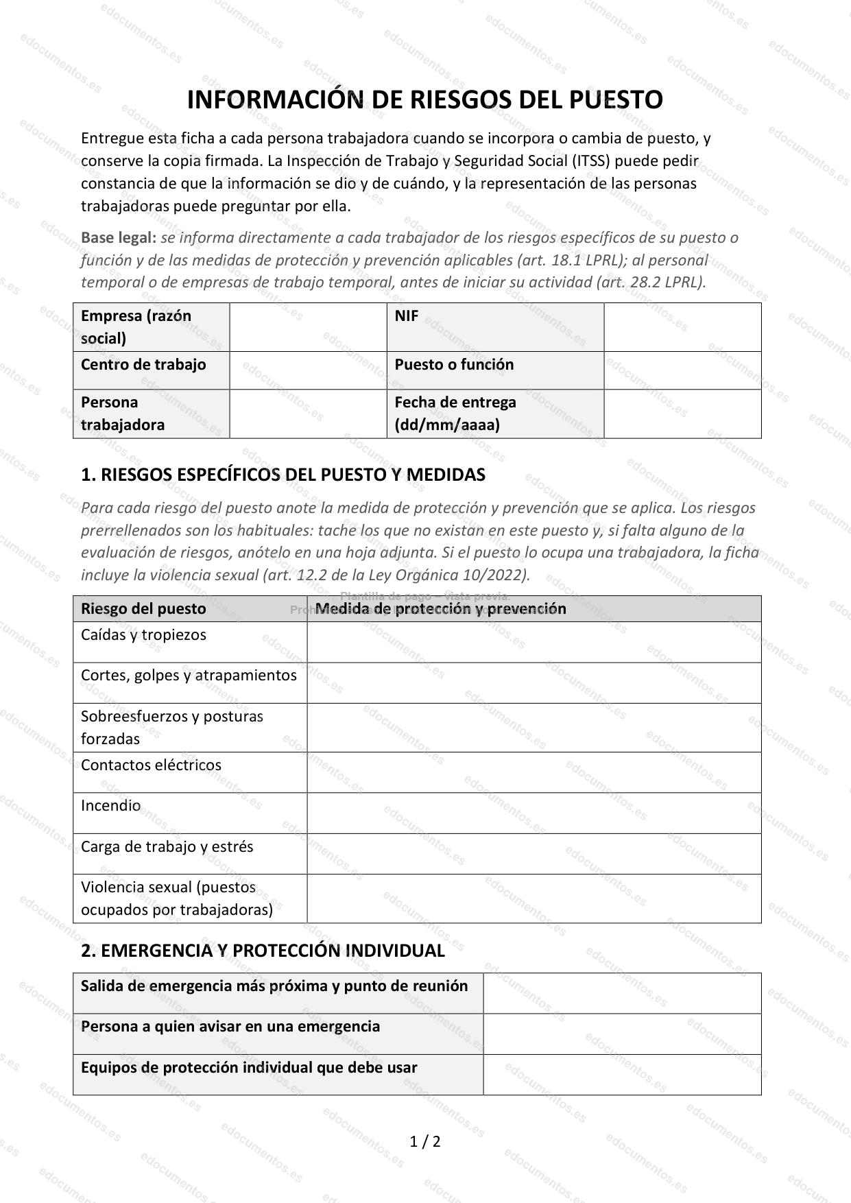 Información de riesgos del puesto y medidas preventivas (acuse de recibo) — Plantilla Word y PDF