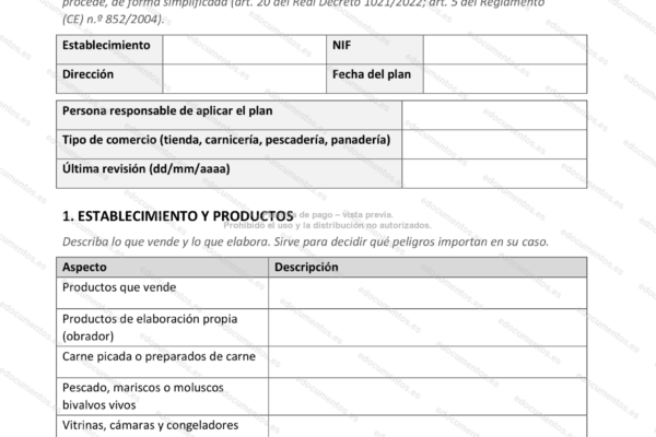 Página 1 del plan de autocontrol APPCC, con la tabla de productos.