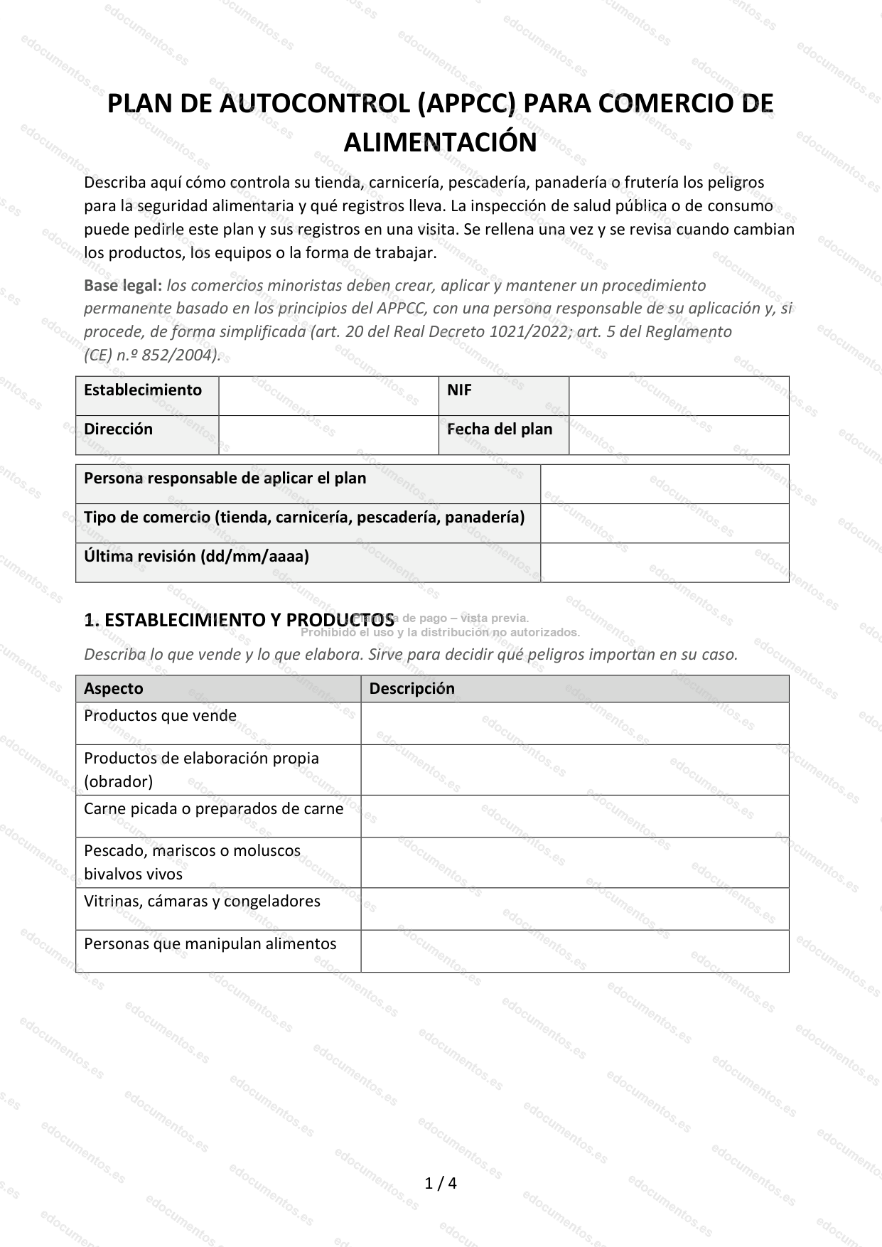 Plan APPCC simplificado para tiendas, carnicerías, pescaderías y panaderías — Plantilla Word y PDF