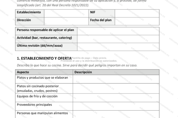Página 1 del plan APPCC para bares y restaurantes, con la tabla de oferta.