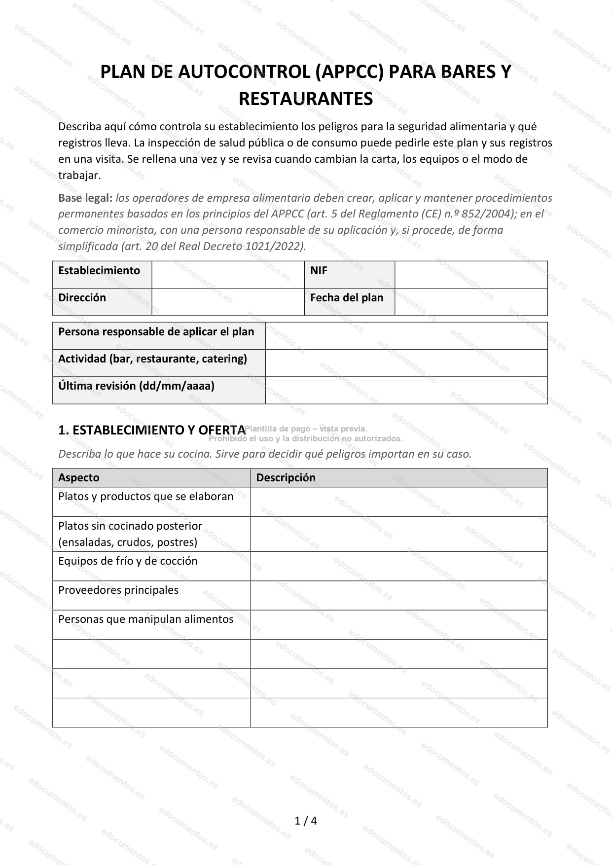 Plan APPCC / autocontrol para bares y restaurantes — Plantilla Word y PDF