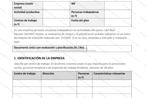 Página 1 del plan de prevención, con los datos de la empresa y sus centros.