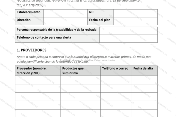 Página 1 del plan de trazabilidad, con la tabla de proveedores.