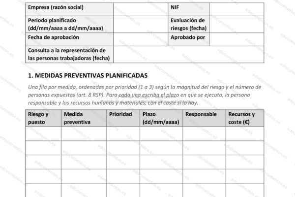 Página 1 de una planificación preventiva, con las medidas por prioridad.