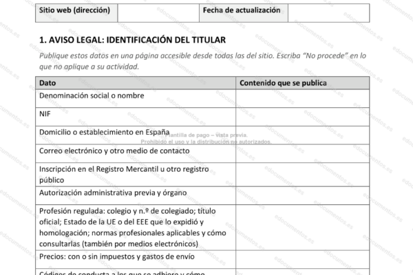 Página 1 del texto legal de la web, con la tabla de datos del titular.