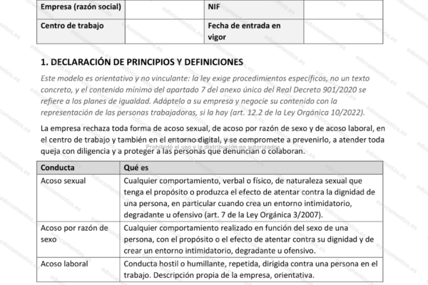 Página 1 del protocolo de acoso, con la tabla de conductas y definiciones.