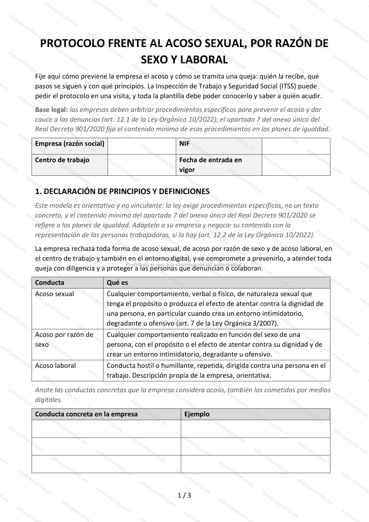 Protocolo de prevención y actuación frente al acoso sexual, por razón de sexo y acoso laboral — Plantilla Word y PDF