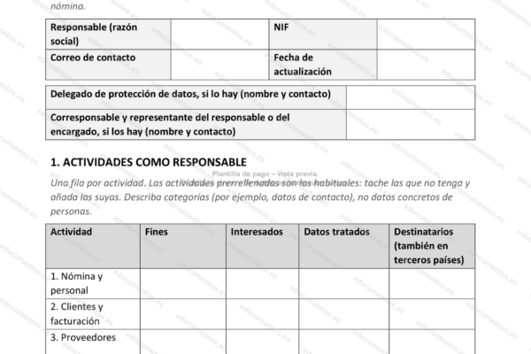 Página 1 del registro de tratamiento, con la lista de actividades habituales.